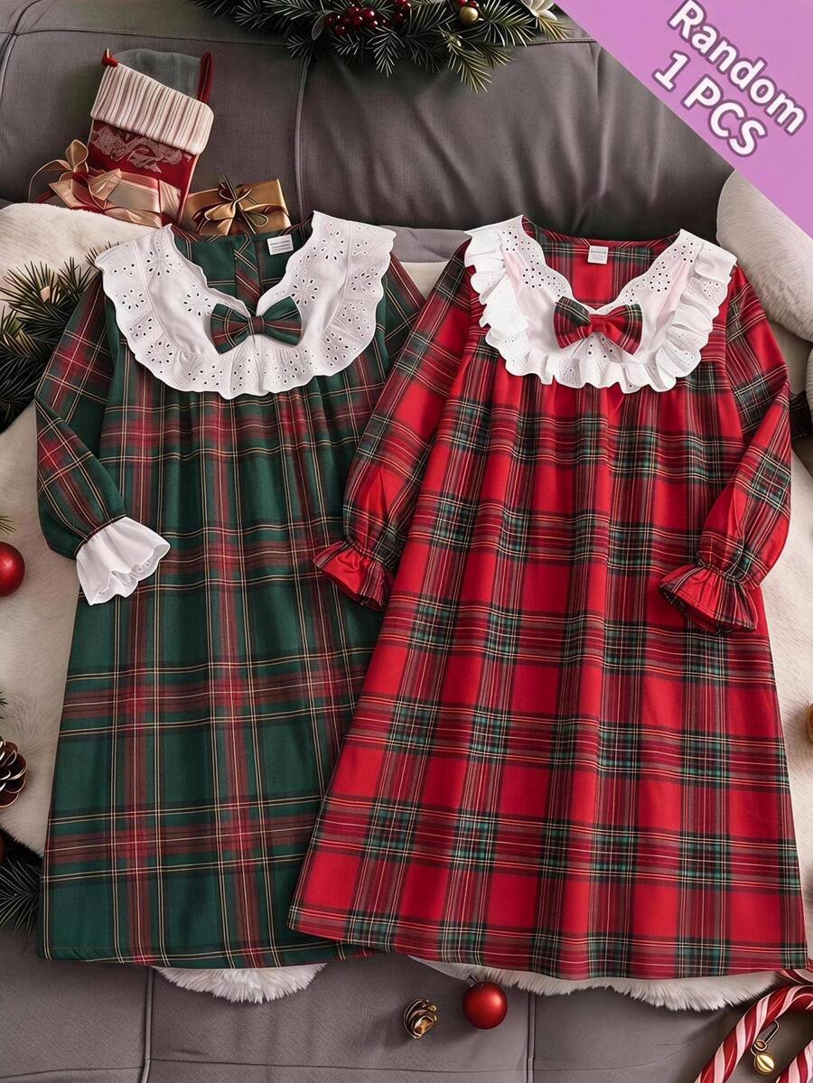 SHEIN Tween女孩粉色簡約兒童格紋蕾絲飾邊V領長袖寬鬆休閒甜美睡裙,聖誕假期款,2款隨機發貨1件 - 彩色 - 查看 1