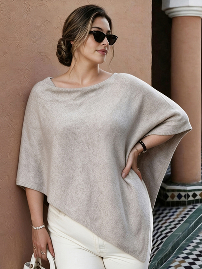 SHEIN LUNE CURVE Fall Gentle Vacation Style Knitted Cover Up, Cold Shoulder Shawl-Style Sleeveless Asymmetrical Hem Top, Casual Elegant Layering Women's Sweater Winter