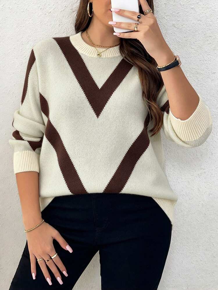 Elenzga Plus Size Women Casual Jacquard Knit Long Sleeve Pullover Sweater, Fashionably Slimming, Autumn/Winter Knit Pullover Fall - Chocolate Brown - View 4