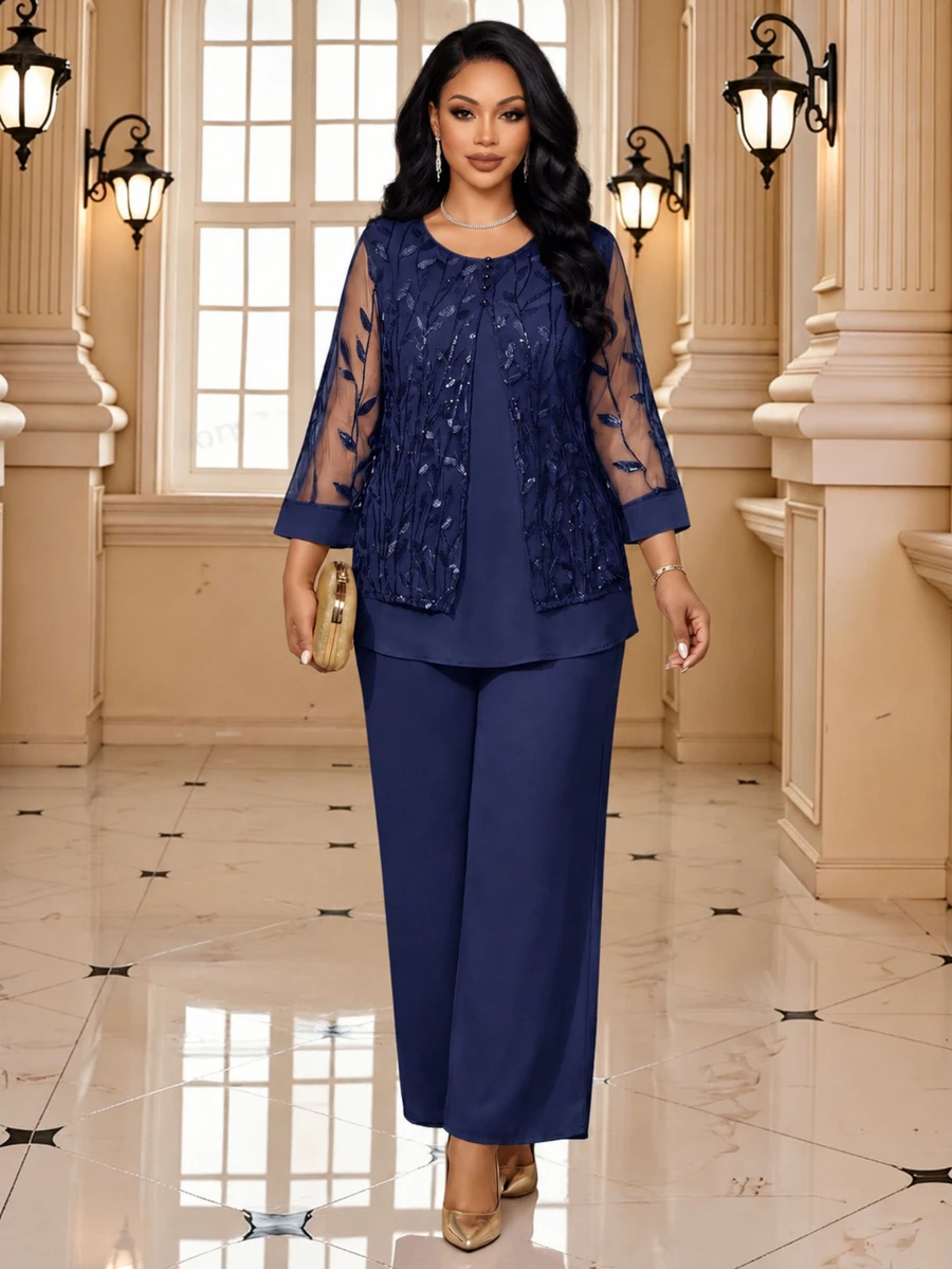 Fleurora Plus Size Elegant Shiny Elegant Round Neck Blouse And Loose Long Pants 2 Pieces Set Wedding Formal Christening Guest Formal Navy Blue Summer Wedding - Navy Blue - View 1