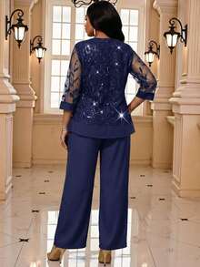 Fleurora Plus Size Elegant Shiny Elegant Round Neck Blouse And Loose Long Pants 2 Pieces Set Wedding Formal Christening Guest Formal Navy Blue Summer Wedding - Navy Blue - View 2