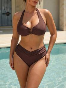 Swim Chiccia Plus Size 2026 Spring/Summer New Sexy Deep V-Neck Design Brown Solid Color Bikini Swimwear Set, Beach Outfit - Brown - View 5