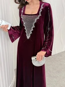 Al Najma 春秋冬季天鵝絨鑲鑽珍珠方領優雅端莊修身顯瘦女款洋裝，適合聖誕節、洗禮、賓客、Ninang、婚禮 - 酒紅色 - 查看 5