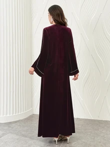 Al Najma 春秋冬季天鵝絨鑲鑽珍珠方領優雅端莊修身顯瘦女款洋裝，適合聖誕節、洗禮、賓客、Ninang、婚禮 - 酒紅色 - 查看 2
