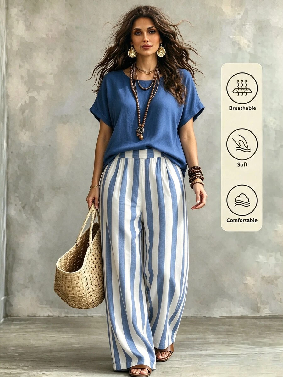 Linhara CURVE Holiday Series Women's Casual Summer Top And Striped Long Pants Plus Size 2 Pieces Set, Plus Size 2 Pieces Set - Multicolor - View 1