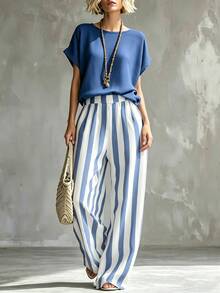 Linhara CURVE Holiday Series Women's Casual Summer Top And Striped Long Pants Plus Size 2 Pieces Set, Plus Size 2 Pieces Set - Multicolor - View 5