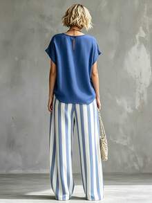 Linhara CURVE Holiday Series Women's Casual Summer Top And Striped Long Pants Plus Size 2 Pieces Set, Plus Size 2 Pieces Set - Multicolor - View 2