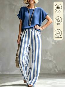 Linhara CURVE Holiday Series Women's Casual Summer Top And Striped Long Pants Plus Size 2 Pieces Set, Plus Size 2 Pieces Set - Multicolor - View 6