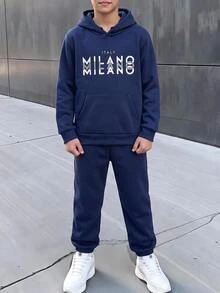 SHEIN 2pcs Kids Tween Boy Autumn/Winter Letter Pattern Knitted Soft Hooded Long Sleeve Pullover Sweatshirt & Pants Set, Boys Outfit, Sweatshirt Set, Blue Set, Sports Set - Multicolor - View 1