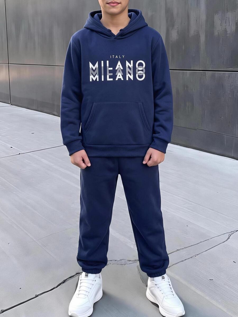 SHEIN 2pcs Kids Tween Boy Autumn/Winter Letter Pattern Knitted Soft Hooded Long Sleeve Pullover Sweatshirt & Pants Set, Boys Outfit, Sweatshirt Set, Blue Set, Sports Set - Multicolor - View 1
