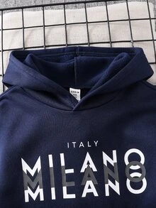 SHEIN 2pcs Kids Tween Boy Autumn/Winter Letter Pattern Knitted Soft Hooded Long Sleeve Pullover Sweatshirt & Pants Set, Boys Outfit, Sweatshirt Set, Blue Set, Sports Set - Multicolor - View 7