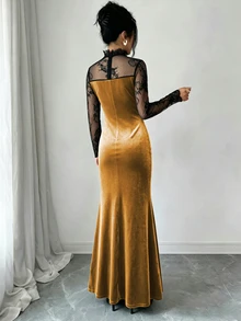 Elenzga Contrast Sheer Lace Mock Neck Velvet Dress - Gold - View 2