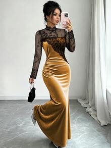 Elenzga Contrast Sheer Lace Mock Neck Velvet Dress - Gold - View 6