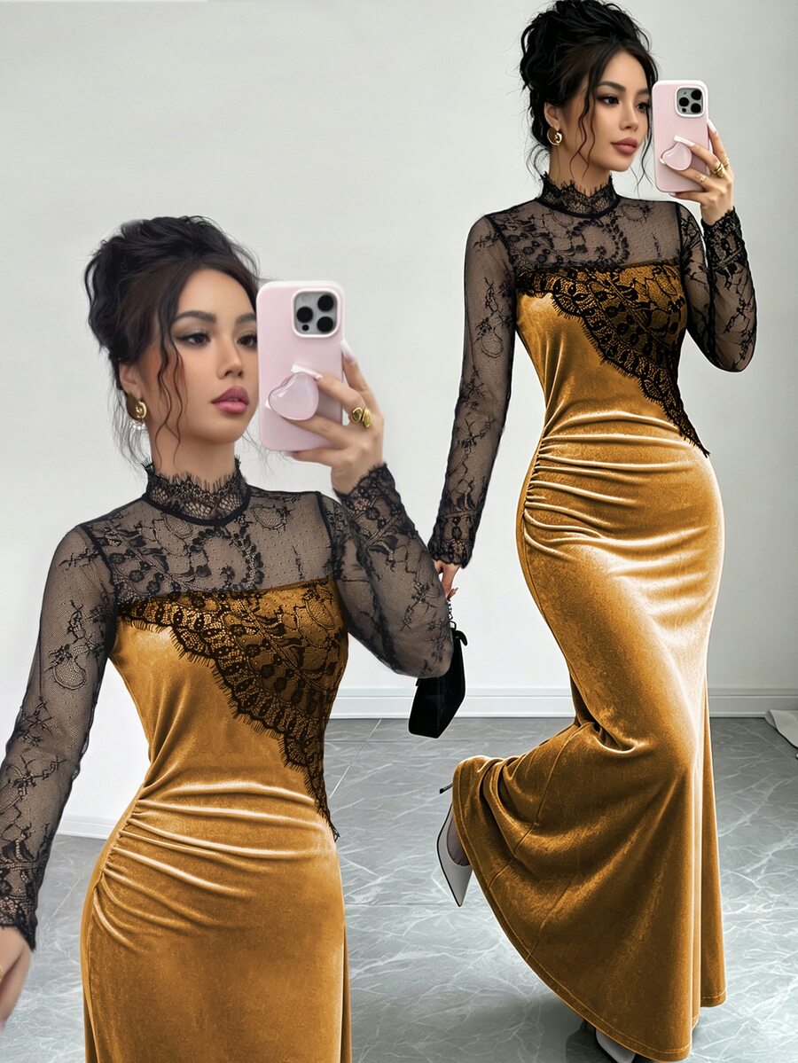 Elenzga Contrast Sheer Lace Mock Neck Velvet Dress - Gold - View 1