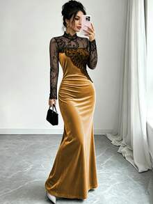 Elenzga Contrast Sheer Lace Mock Neck Velvet Dress - Gold - View 4