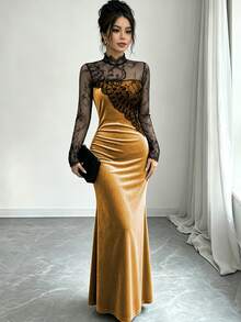 Elenzga Contrast Sheer Lace Mock Neck Velvet Dress - Gold - View 5