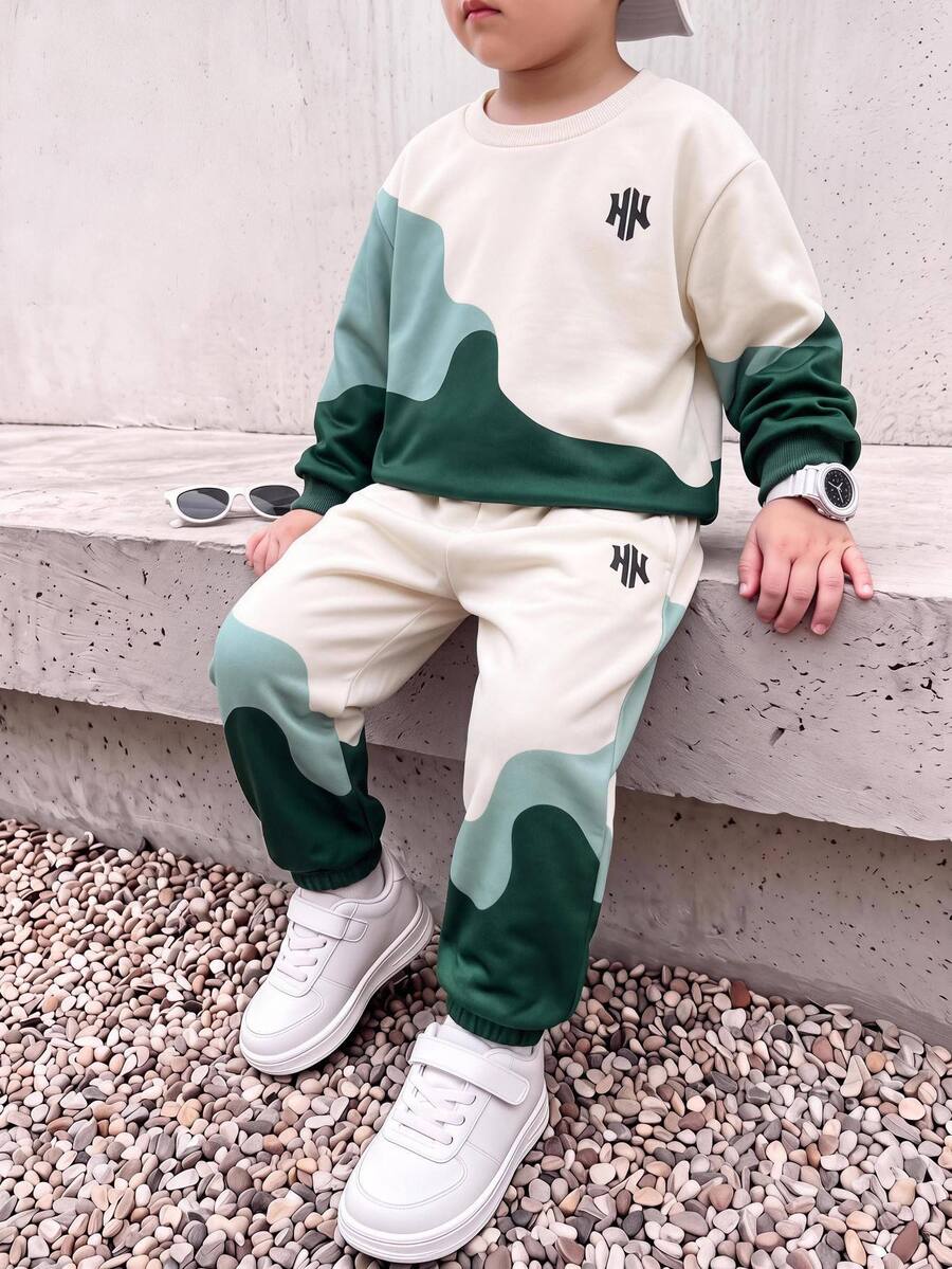 SHEIN 2pcs Young Boy Autumn/Winter Casual Letter Print Contrast Color Long Sleeve Sweatshirt And Pants Sports Set Kids - Multicolor - View 1