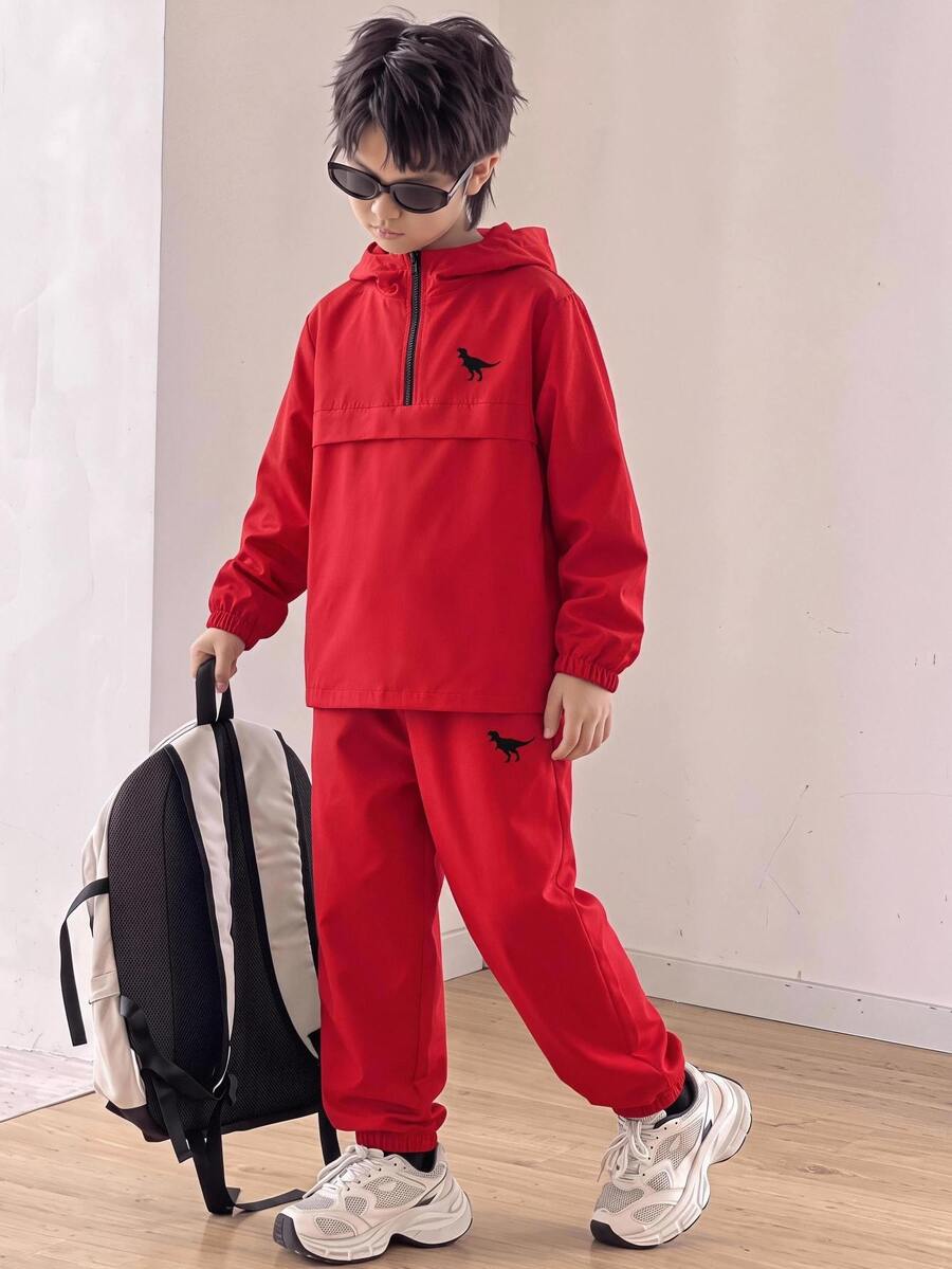 SHEIN 2pcs Tween Boy Autumn/Winter Kids Casual Dinosaur Pattern Hoodie And Pants Sports Set - Multicolor - View 1