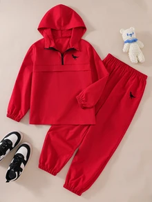 SHEIN 2件組 青少年男孩秋冬休閒恐龍圖案連帽衛衣與長褲運動套裝 - 彩色 - 查看 4