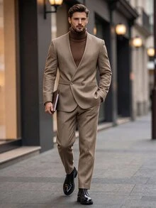 Manfinity Bizformal 男士休閒商務兩件套西裝，純色西裝外套與長褲套裝，簡約時尚休閒日常，正式，老錢風 - 軍綠色 - 查看 5