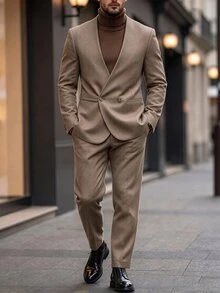 Manfinity Bizformal 男士休閒商務兩件套西裝，純色西裝外套與長褲套裝，簡約時尚休閒日常，正式，老錢風 - 軍綠色 - 查看 3