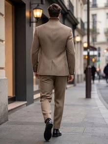 Manfinity Bizformal 男士休閒商務兩件套西裝，純色西裝外套與長褲套裝，簡約時尚休閒日常，正式，老錢風 - 軍綠色 - 查看 2