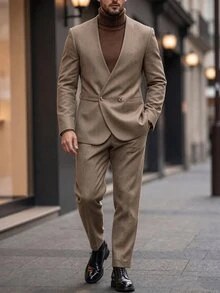 Manfinity Bizformal 男士休閒商務兩件套西裝，純色西裝外套與長褲套裝，簡約時尚休閒日常，正式，老錢風 - 軍綠色 - 查看 1