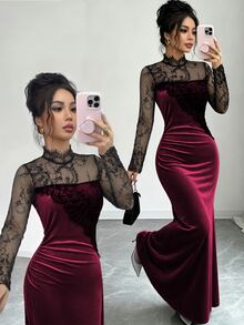 Elenzga Contrast Sheer Lace Mock Neck Velvet Dress - Burgundy - View 1