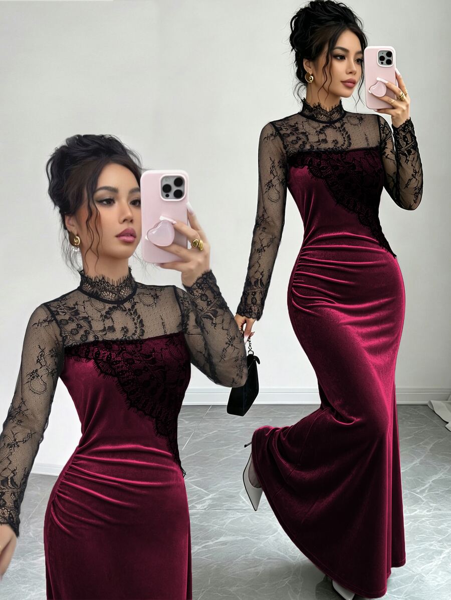 Elenzga Contrast Sheer Lace Mock Neck Velvet Dress - Burgundy - View 1