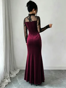 Elenzga Contrast Sheer Lace Mock Neck Velvet Dress - Burgundy - View 2