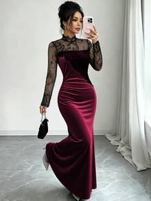 Elenzga Contrast Sheer Lace Mock Neck Velvet Dress - Burgundy - View 4