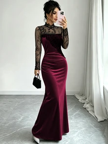 Elenzga Contrast Sheer Lace Mock Neck Velvet Dress - Burgundy - View 5