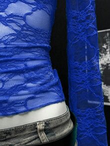 Bitrose 女款透視蕾絲長袖短版上衣，適合新年穿著 - 藍色 - 查看 5