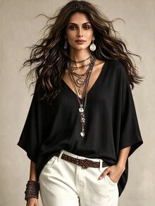 Linhara CURVE Women's Minimalist Casual Comfortable Loose Plus Size Batwing Sleeve Blouse Fall - Multicolor - View 1