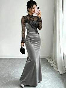 Elenzga Contrast Sheer Lace Mock Neck Velvet Dress - Grey - View 6