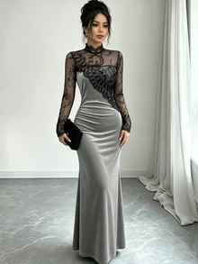 Elenzga Contrast Sheer Lace Mock Neck Velvet Dress - Grey - View 7