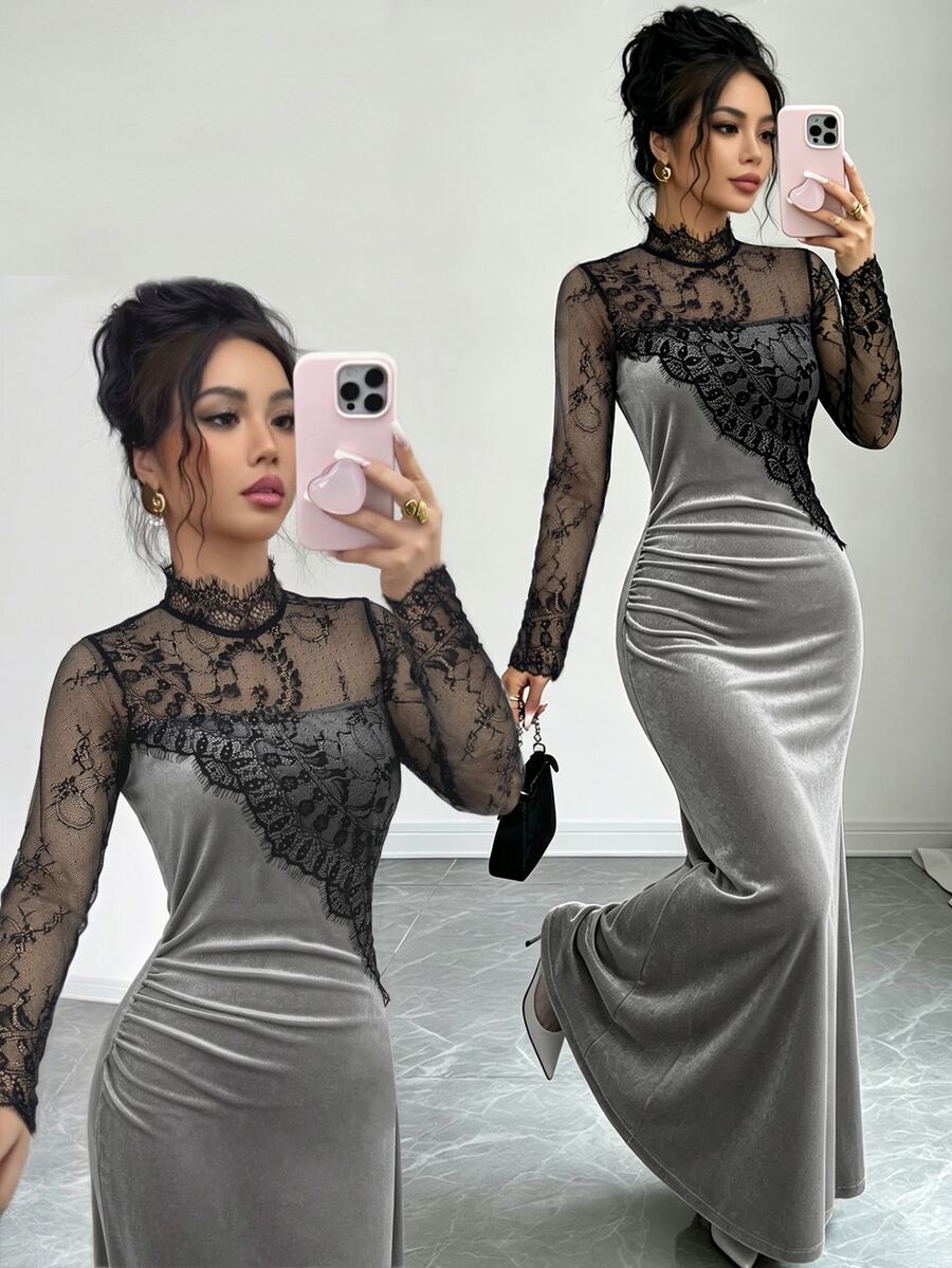 Elenzga Contrast Sheer Lace Mock Neck Velvet Dress - Grey - View 1