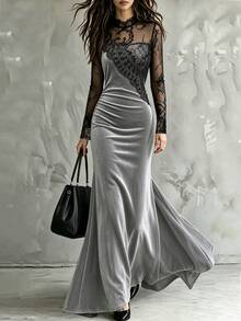 Elenzga Contrast Sheer Lace Mock Neck Velvet Dress - Grey - View 4