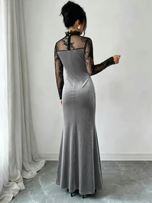 Elenzga Contrast Sheer Lace Mock Neck Velvet Dress - Grey - View 2