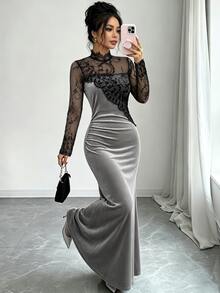 Elenzga Contrast Sheer Lace Mock Neck Velvet Dress - Grey - View 5