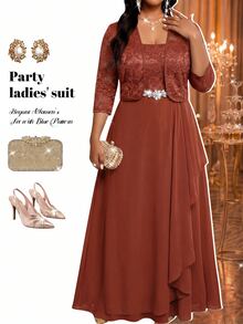 Fleurora Plus Size Women's 3/4 Sleeve Open Front Jacket And Waist Rhinestone Decor Dress Elegant Set Thanksgiving Wedding Formal Evening Purple Brown Summer - Rust Brown - View 7
