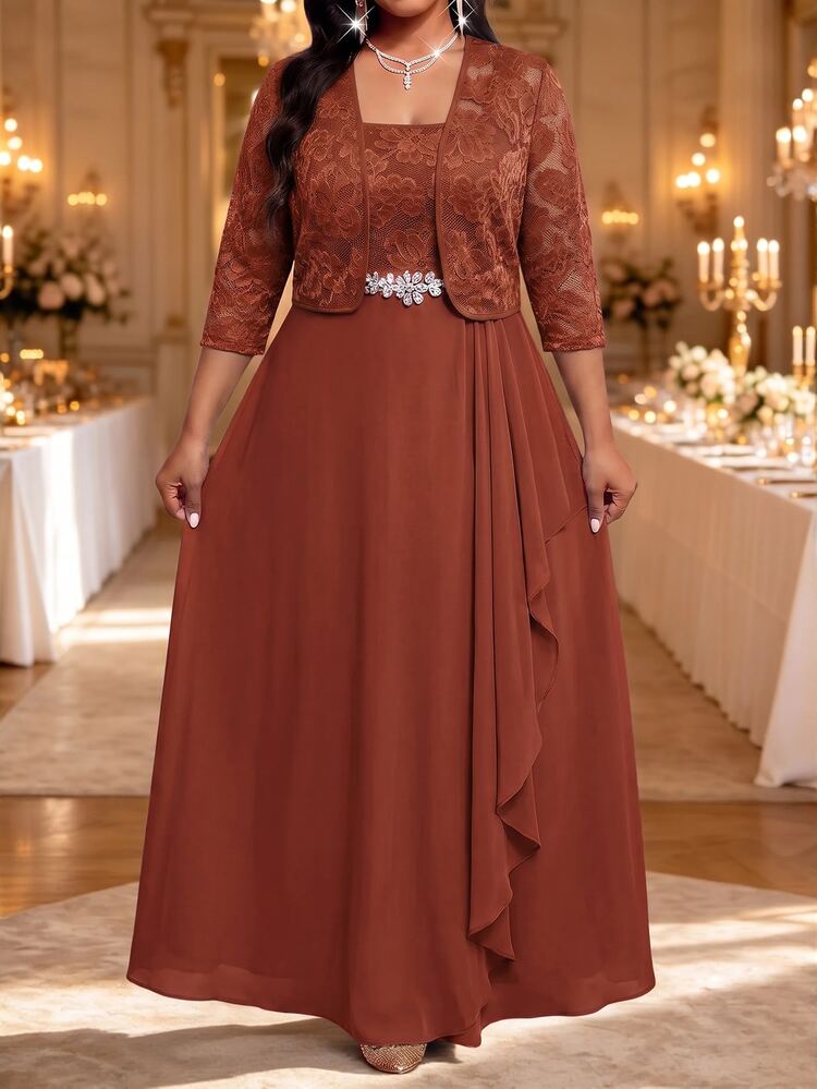 Fleurora Plus Size Women's 3/4 Sleeve Open Front Jacket And Waist Rhinestone Decor Dress Elegant Set Thanksgiving Wedding Formal Evening Purple Brown Summer - Rust Brown - View 6