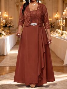 Fleurora Plus Size Women's 3/4 Sleeve Open Front Jacket And Waist Rhinestone Decor Dress Elegant Set Thanksgiving Wedding Formal Evening Purple Brown Summer - Rust Brown - View 4
