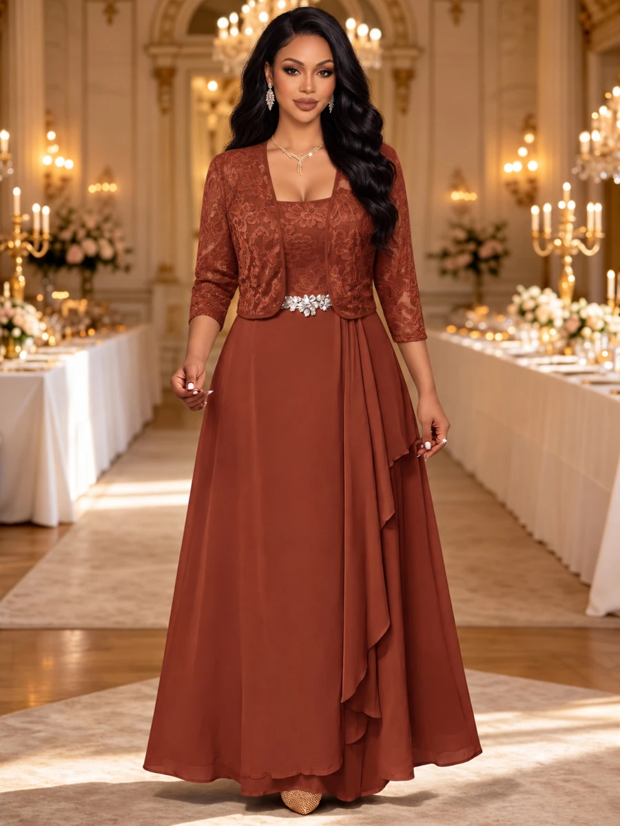 Fleurora Plus Size Women's 3/4 Sleeve Open Front Jacket And Waist Rhinestone Decor Dress Elegant Set Thanksgiving Wedding Formal Evening Purple Brown Summer - Rust Brown - View 1
