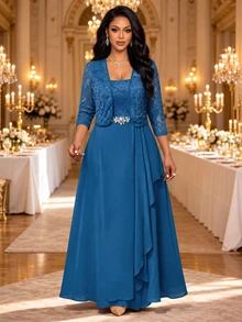 Fleurora Plus Size Women's 3/4 Sleeve Open Front Jacket And Rhinestone Waist Decor Dress Elegant Romantic Set Wedding Formal Evening Blue Navy Blue Summer - Teal Blue - View 4