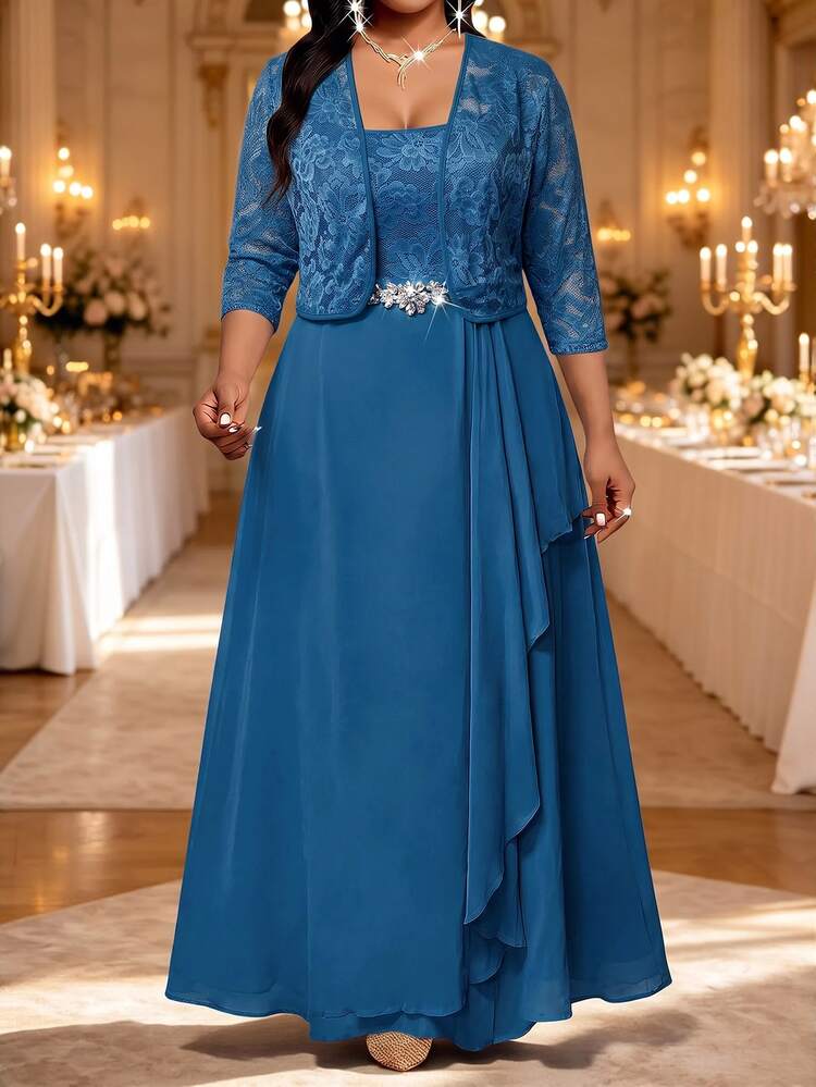 Fleurora Plus Size Women's 3/4 Sleeve Open Front Jacket And Rhinestone Waist Decor Dress Elegant Romantic Set Wedding Formal Evening Blue Navy Blue Summer - Teal Blue - View 4