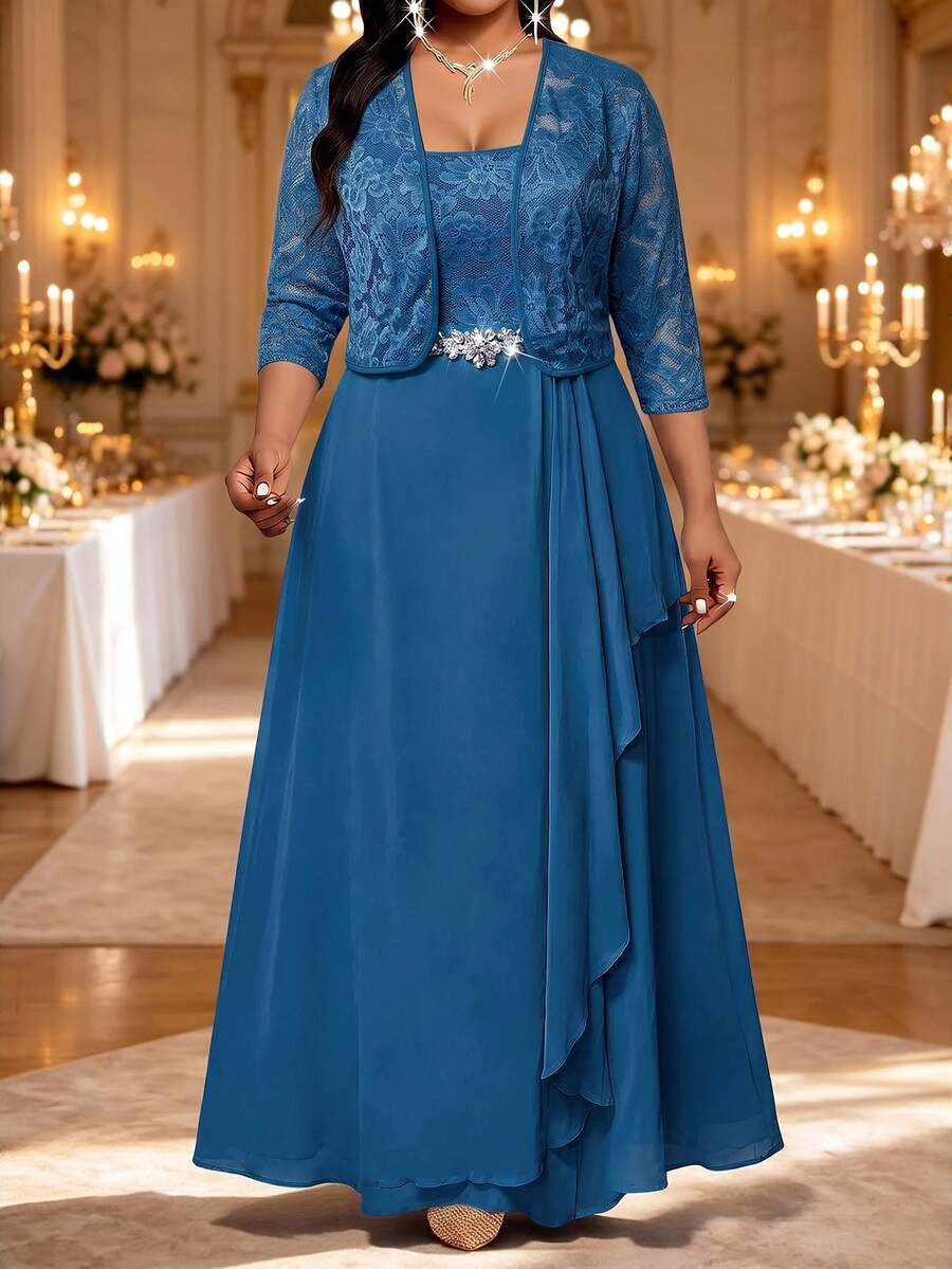 Fleurora Plus Size Women's 3/4 Sleeve Open Front Jacket And Rhinestone Waist Decor Dress Elegant Romantic Set Wedding Formal Evening Blue Navy Blue Summer - Teal Blue - View 1