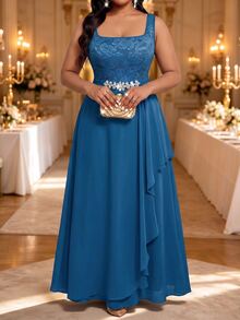Fleurora Plus Size Women's 3/4 Sleeve Open Front Jacket And Rhinestone Waist Decor Dress Elegant Romantic Set Wedding Formal Evening Blue Navy Blue Summer - Teal Blue - View 2