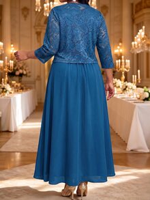 Fleurora Plus Size Women's 3/4 Sleeve Open Front Jacket And Rhinestone Waist Decor Dress Elegant Romantic Set Wedding Formal Evening Blue Navy Blue Summer - Teal Blue - View 3