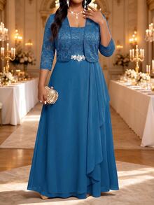 Fleurora Plus Size Women's 3/4 Sleeve Open Front Jacket And Rhinestone Waist Decor Dress Elegant Romantic Set Wedding Formal Evening Blue Navy Blue Summer - Teal Blue - View 5